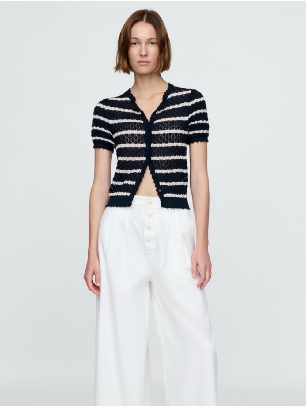 Gap x Dôen Navy Cream Striped Crochet Knit Short Sleeve Cardigan Top Size L